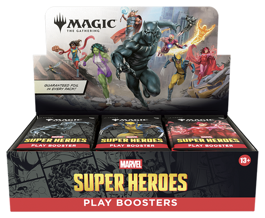 MTG Marvel Super Heroes Play Booster Display (englisch) mit 24 Boostern und Artwork der Marvel-Helden