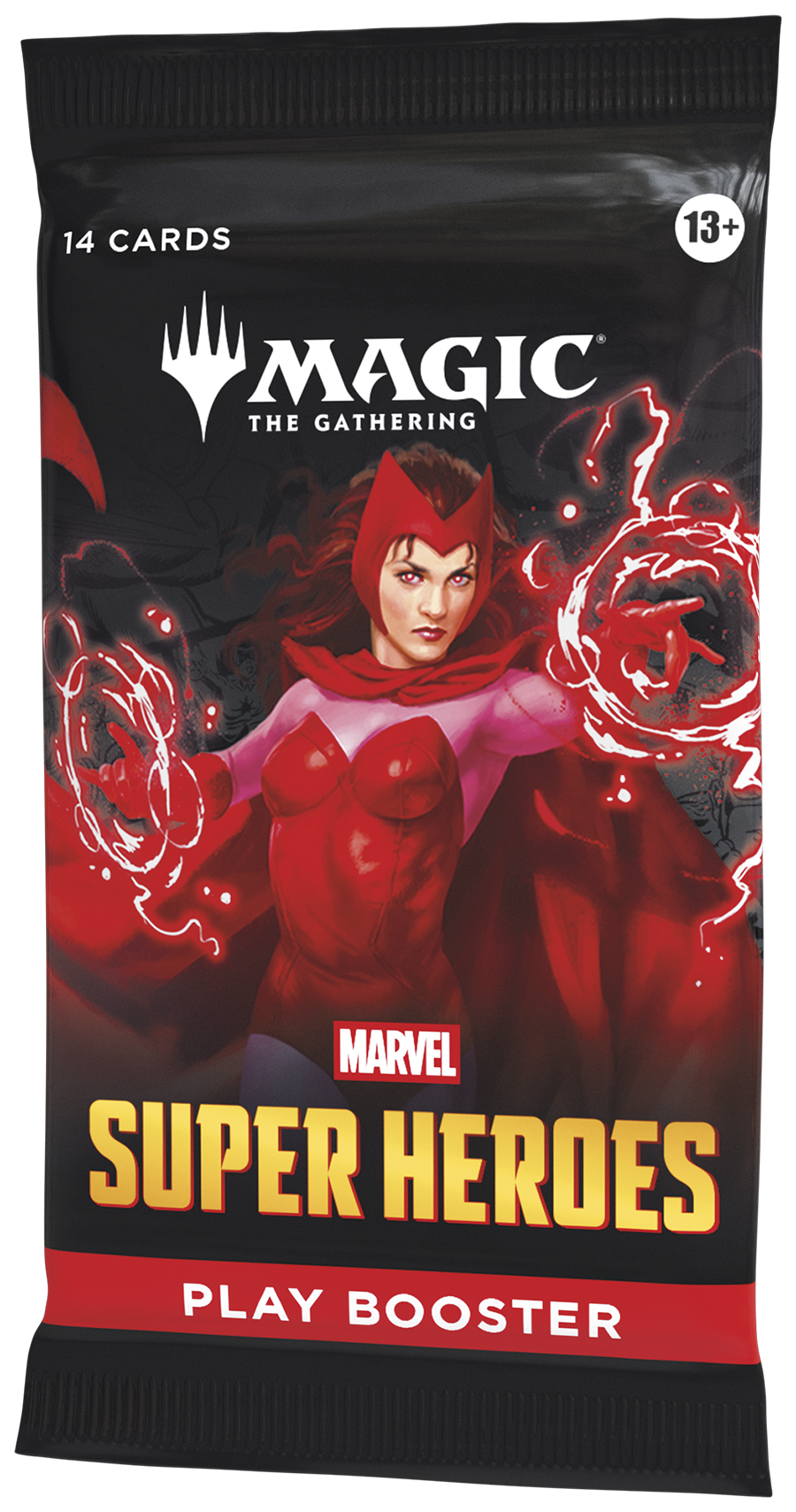 Magic: The Gathering – Marvel Super Heroes Play Booster (englisch), Vorderseite mit Scarlet-Witch-Artwork