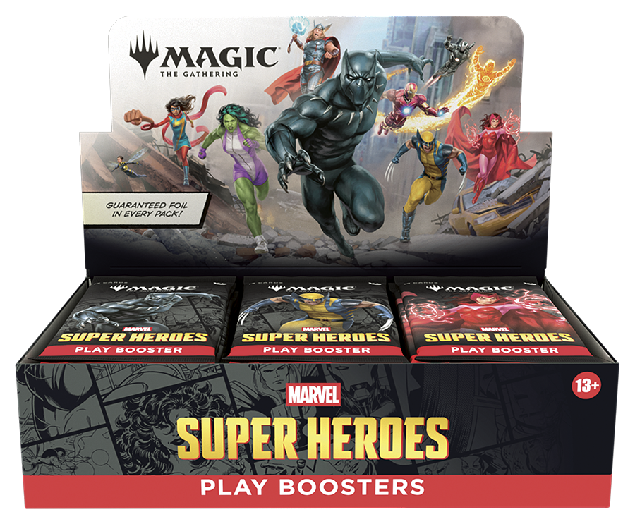MTG Marvel Super Heroes Play Booster Display (englisch) mit 24 Boostern und Artwork der Marvel-Helden