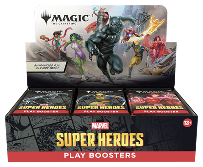 MTG Marvel Super Heroes Play Booster Display (englisch) mit 24 Boostern und Artwork der Marvel-Helden