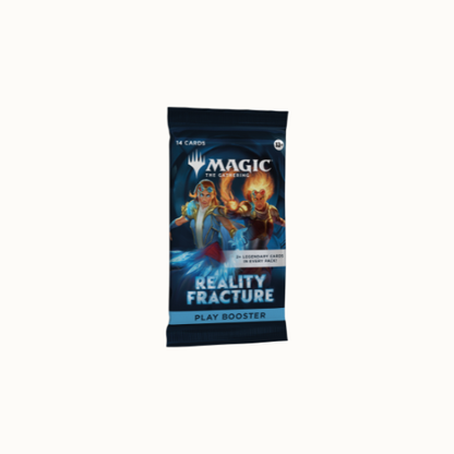 Reality Fracture Play Booster Pack von Magic: The Gathering mit rot-blauem Charakter-Artwork, seitliche Ansicht
